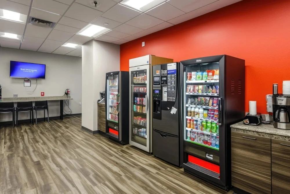 Break room with snack and drink machines installed beside the coffee counter