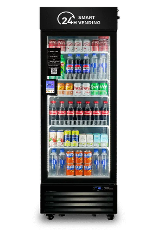 24H Smart Vending refrigerated machine stocked with drinks